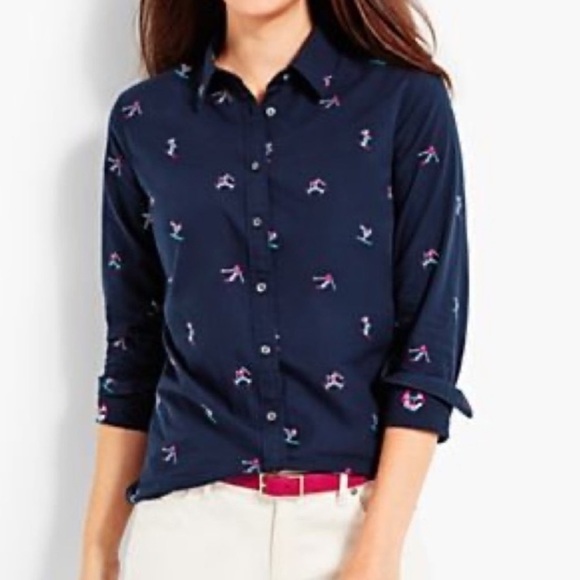 Talbots Tops - Talbots | Navy Blue Embroidered Skiers Button Down Shirt Size XS